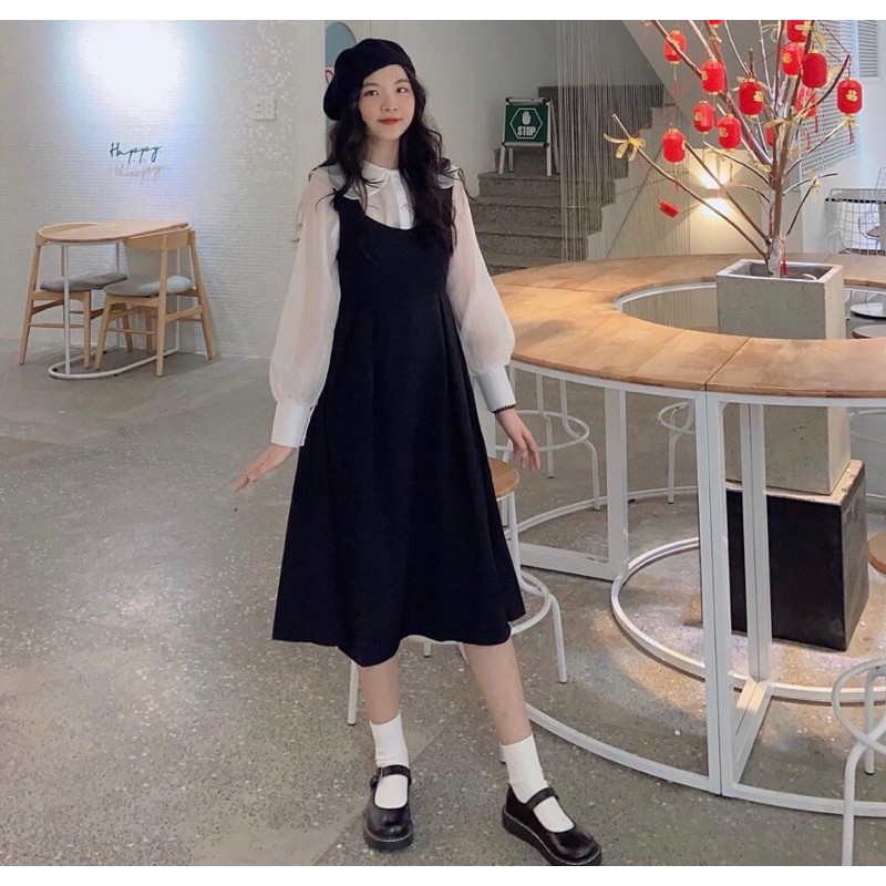 Set áo voan cổ sen mix đầm yếm midi