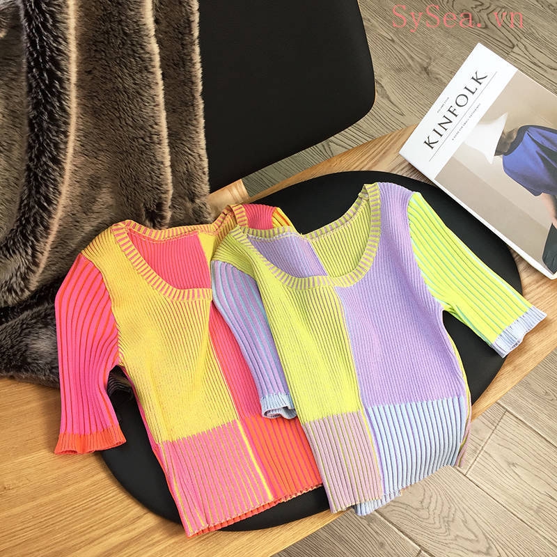 Áo Croptop Ngắn Tay Ôm Dáng Phối Màu Cầu Vồng Xinh Xắn Dành Cho Nữ