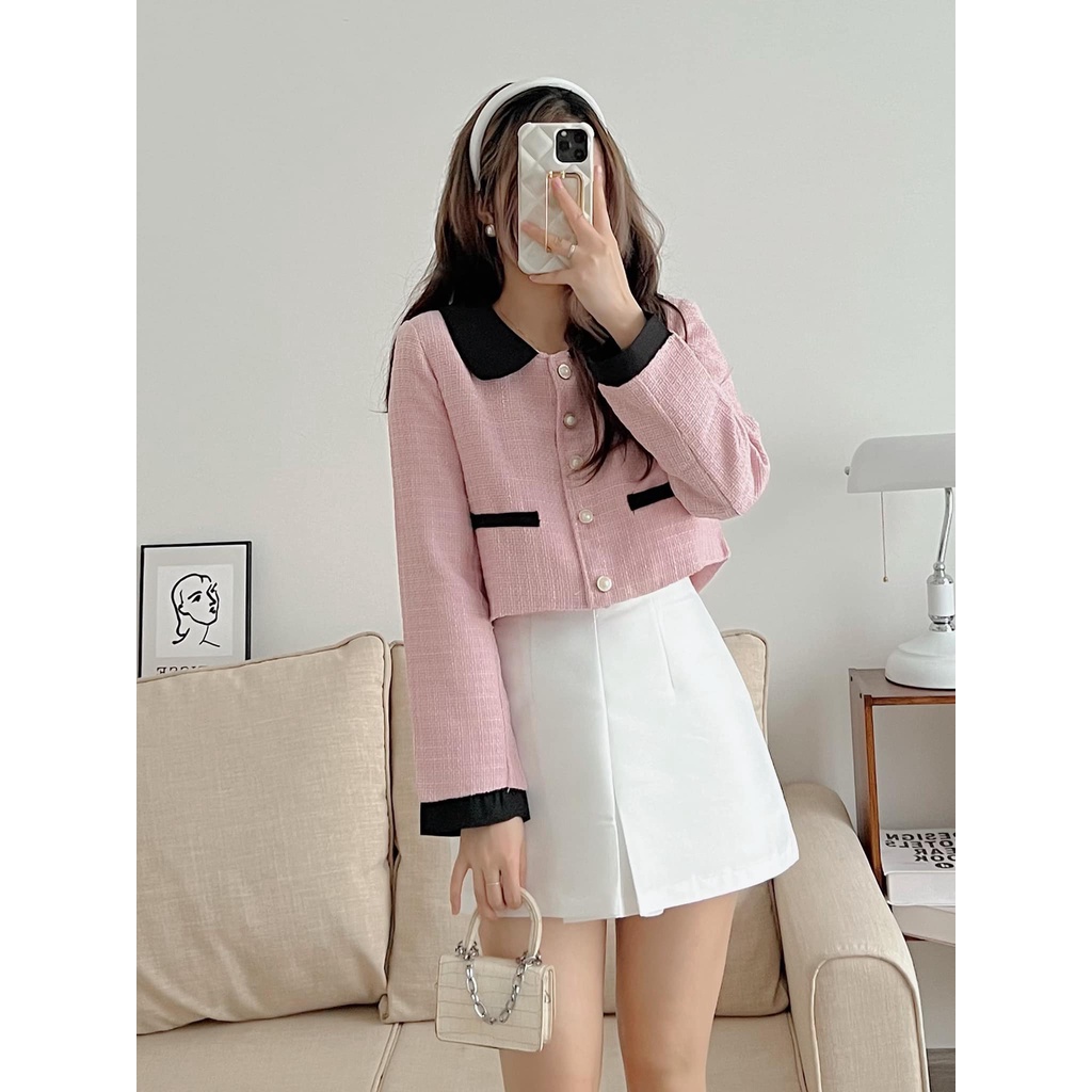Áo khoác dạ tweed khoác ngoài cổ sen viền tay đen