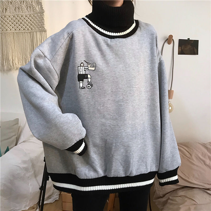 Áo Sweater Cổ Cao Dáng Rộng Phối Nhung Dày Kiểu Hàn Quốc Cá Tính | BigBuy360 - bigbuy360.vn