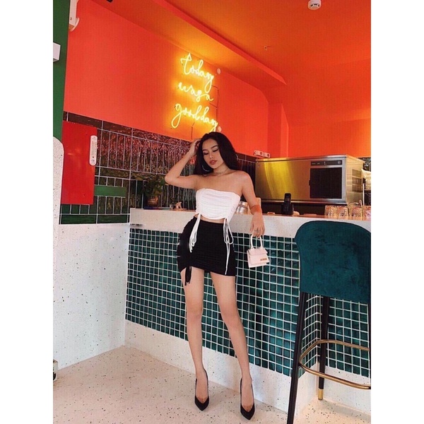 Set váy nhún áo croptop rút dây sexy đi dẫy đầm hẹn hò cá tính 11 vàng 5 trắng