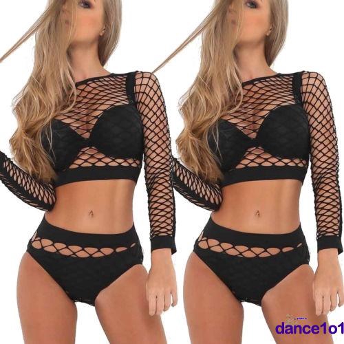 Set trang phục mặc ngoài bikini tay dài vải lưới xuyên thấu quyến rũ độc đáo dành cho nữ