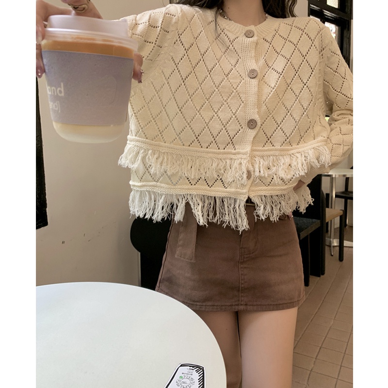 Áo Khoác Cardigan Dệt Kim Dáng Ngắn Phối Tua Rua Thời Trang Mùa Thu Dành Cho Nữ