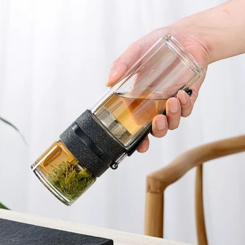 Bình Thủy Tinh 2 Lớp 450ml Pha Trà Cách Nhiệt Lõi Lọc Inox 304 Kèm Quai Xách Tiện Lợi