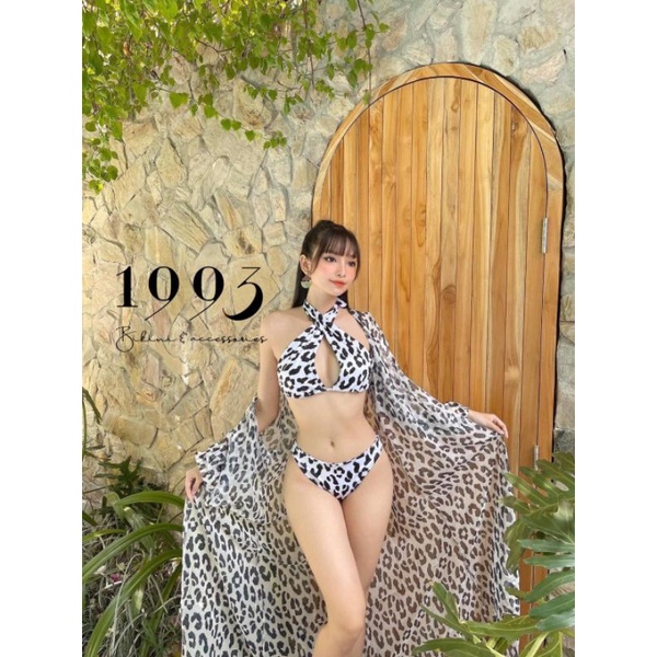 Bikini bộ bơi đồ đi biển nữ set 3 món họa tiết beo trắng đen EVA S3MBT