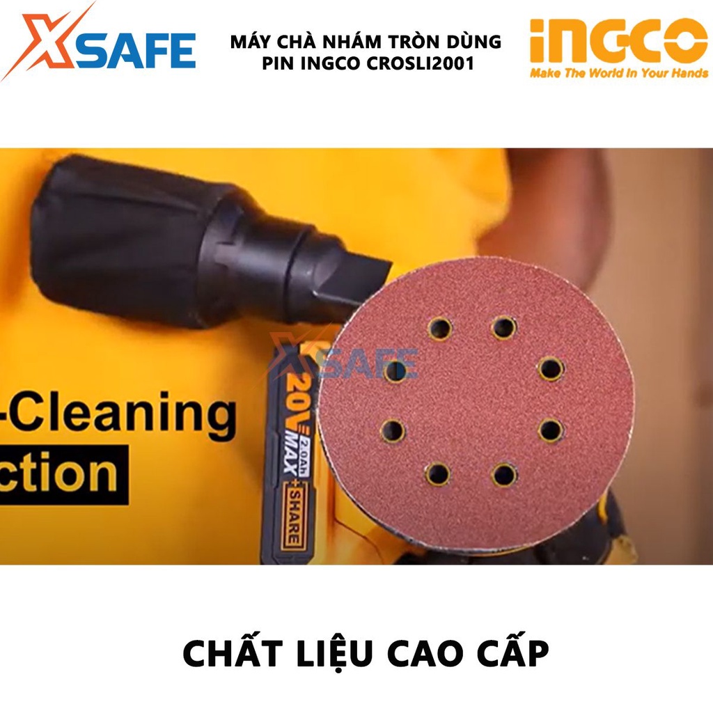 Máy chà nhám tròn dùng pin INGCO CROSLI2001 20V Máy đánh bóng đĩa chà 125mm, kèm 5 miếng chà nhám, không kèm pin sạc