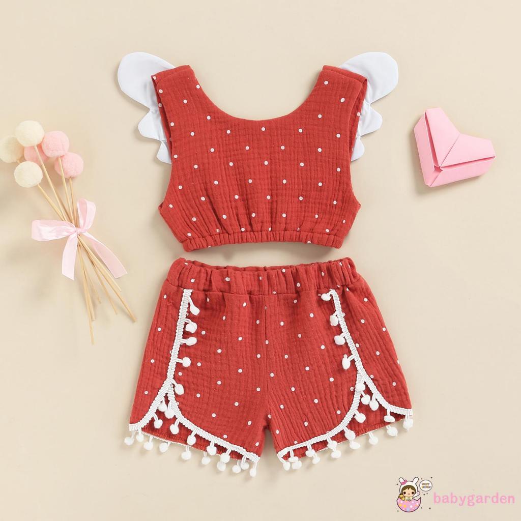 Bộ áo croptop không tay họa tiết chấm bi + quần short cotton thời trang mùa hè cho bé gái