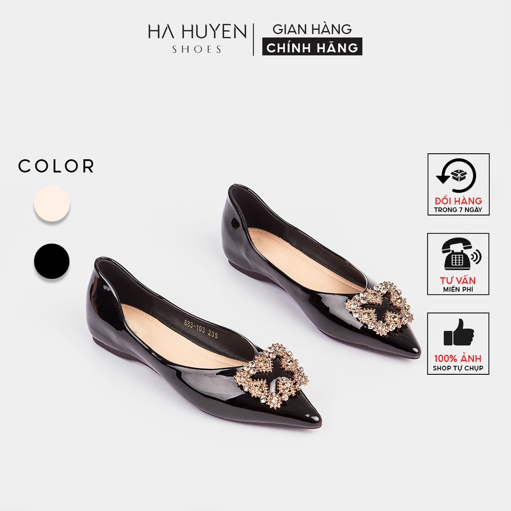 Giày bệt nữ Hà Huyền Shoes da bóng mũi nhọn đính nơ đá 4 cánh sang trọng - BB146
