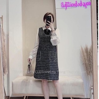 Đầm dạ phối tay voan đính nơ đá