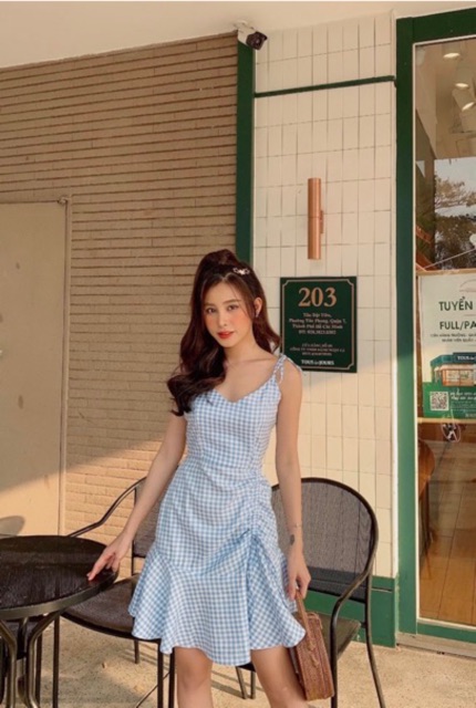 ĐẦM 2S CARO XANH BIỂN RÚT CHÂN VÁY - MI DRESS