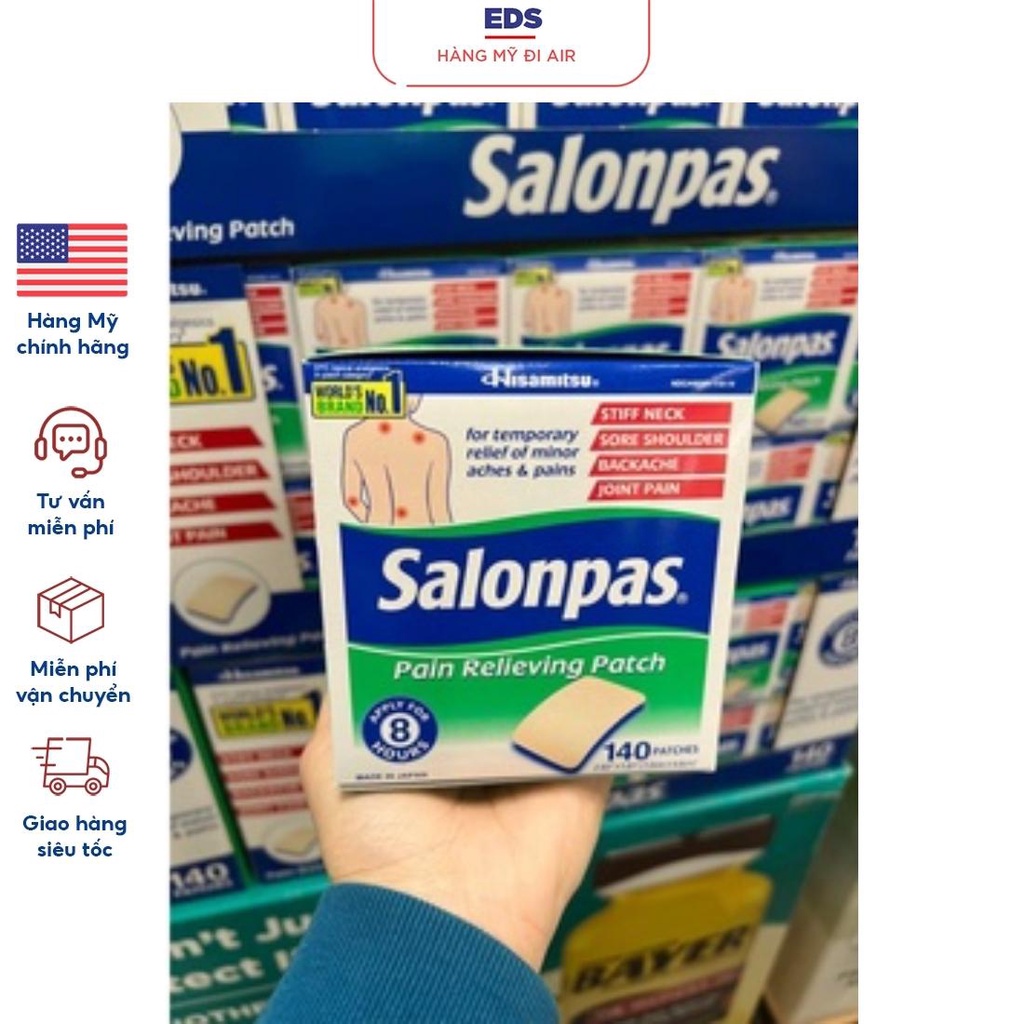 Cao dán giảm đau Salonpas Mỹ hộp 140 miếng sản phẩm được hãng Hisamitsu sản xuất riêng cho thị trường Mỹ - EDS Hàng Mỹ