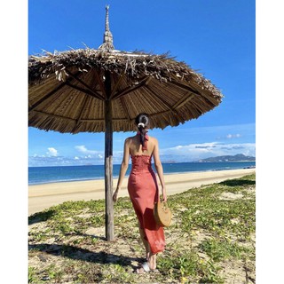 Đầm midi lụa thắt nút cột cổ