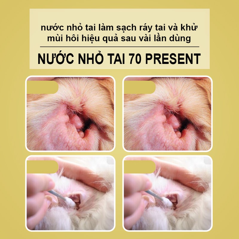 Nước nhỏ tai cho chó mèo Hipipet 70 Present thảo dược ion bạc kháng khuấn vệ sinh ngăn ngừa viêm tai thú cưng-120ml