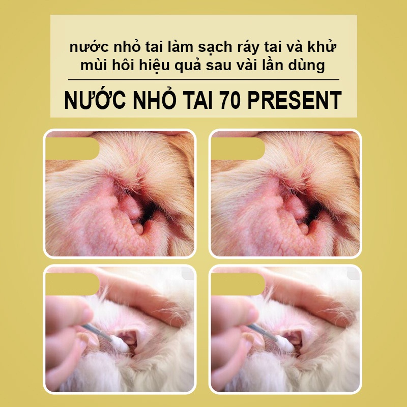 Nước nhỏ tai cho chó mèo Hipipet 70 Present thảo dược ion bạc kháng khuấn vệ sinh ngăn ngừa viêm tai thú cưng-120ml