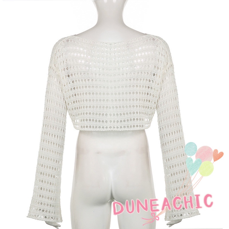 DUNEA Áo Dệt Kim Tay Dài Màu Trơn Phối Lưới Thời Trang Cho Nữ