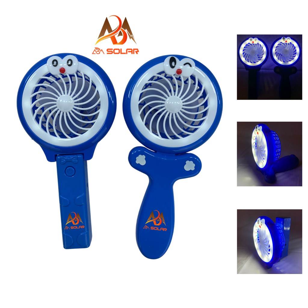 Quạt Sạc Mini Cầm Tay Tích Điện Có Đèn LED , Gập Phát Sáng Mầu Xanh Trắng Có Pin Và Cáp Sạc USB - ABM Solar