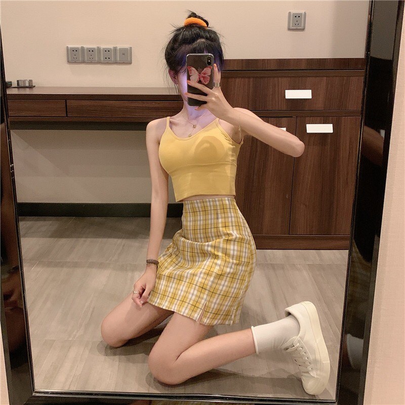 Sale -  CHÂN VÁY CHỮ A KẺ CARO XANH ĐỎ VÀNG KHÓA KÉO CHUN SAU - CHÂN VÁY KẺ CARO ULZZANG