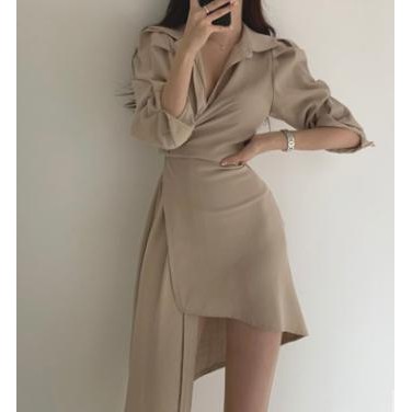 Váy sơ mi cách điệu bo eo vạt áo ngắn