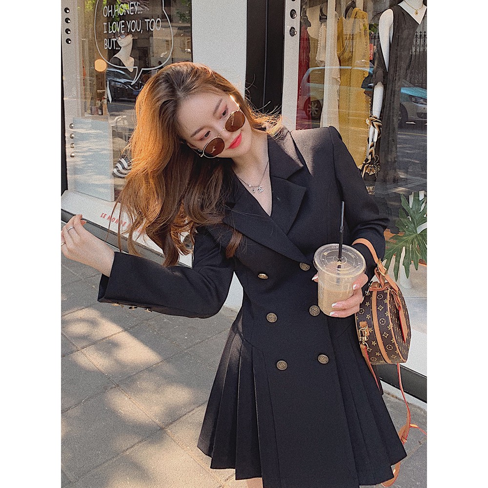 Ảnh thật 6 hình cuối-HC035.Đầm retro cổ vest dáng suông xếp li phong cách Hepburn