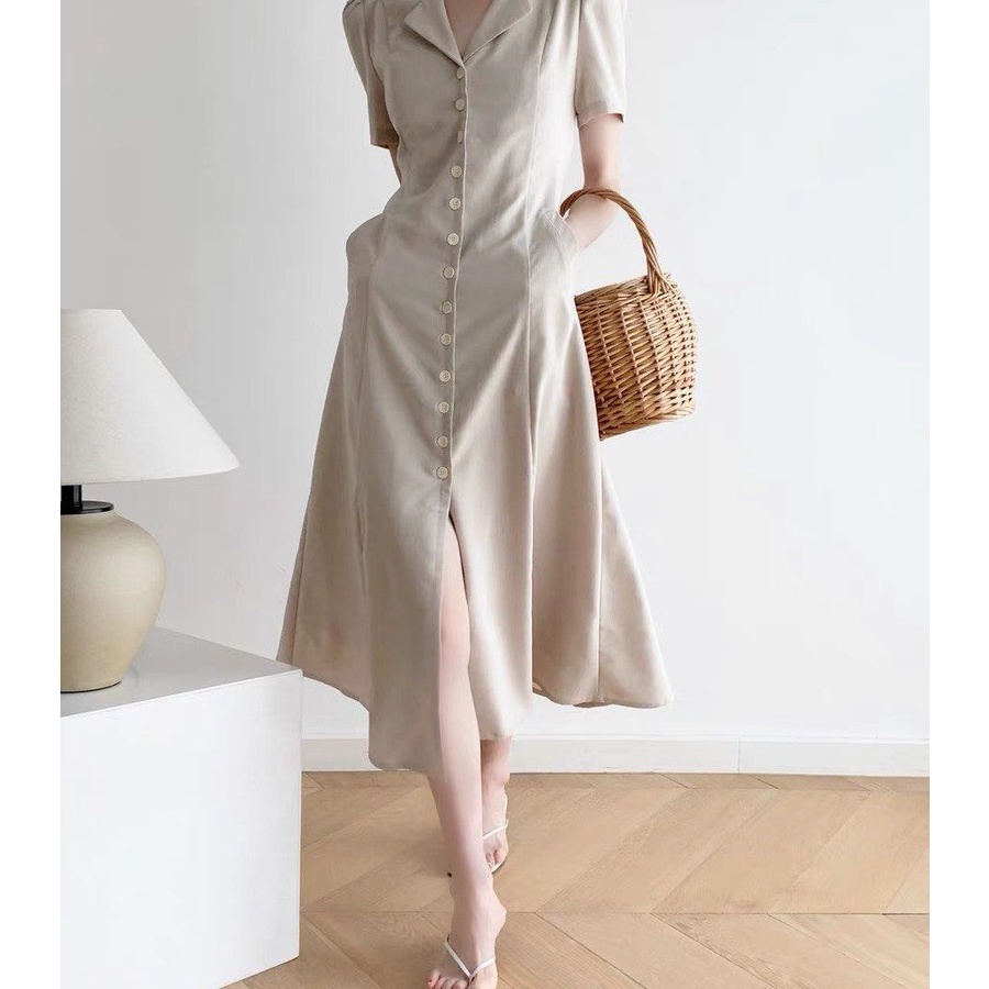 Đầm Váy Nữ Cổ Vest Dáng Midi Màu Kem Xinh Xắn, Trẻ Trung, Cá Tính, Chất Linen Dày Mềm Mịn, Mát, Bền Đẹp