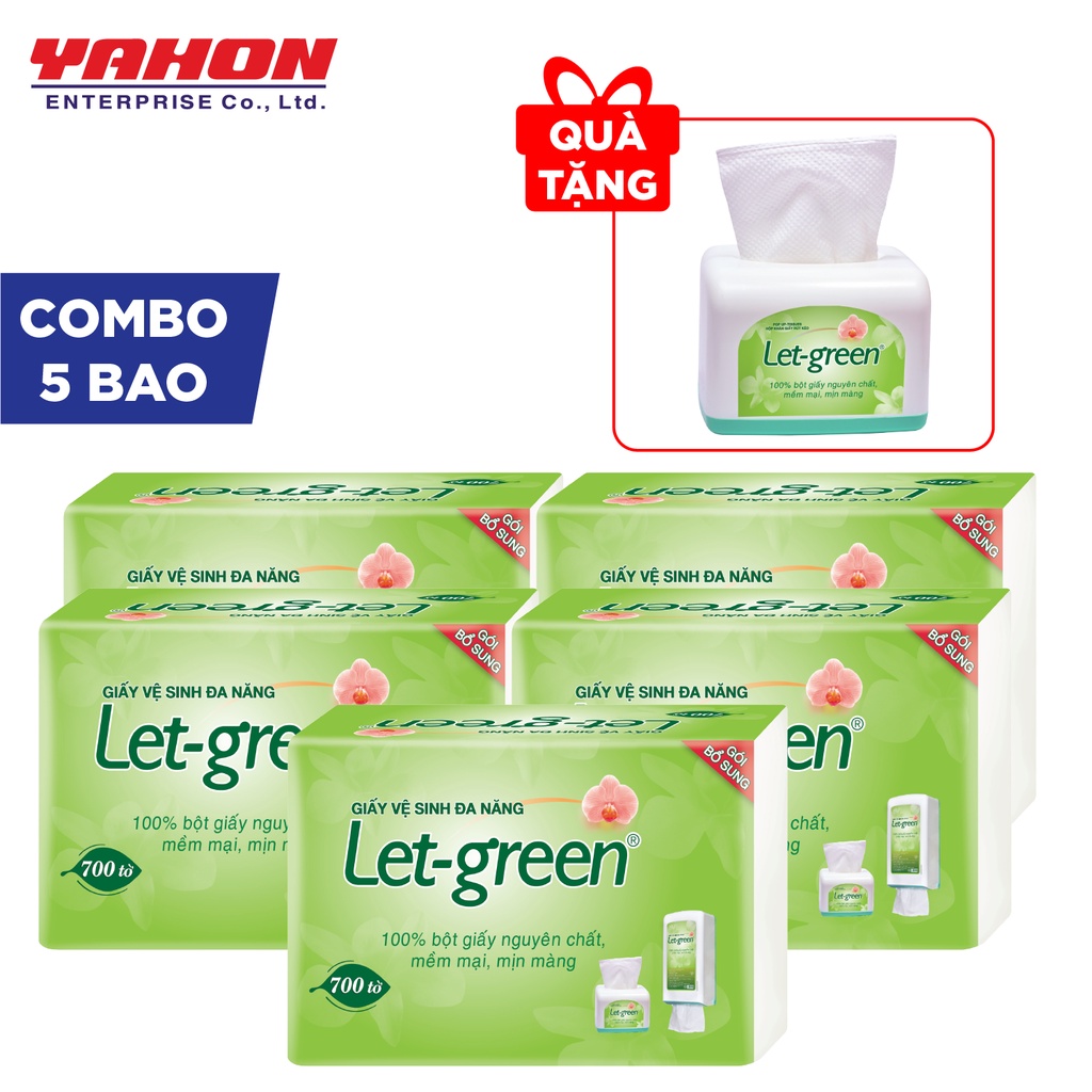 {Tặng hộp nhựa để bàn} BỘ 5 GÓI BỔ SUNG GIẤY VỆ SINH LET-GREEN 10*21 CM 700 TỜ