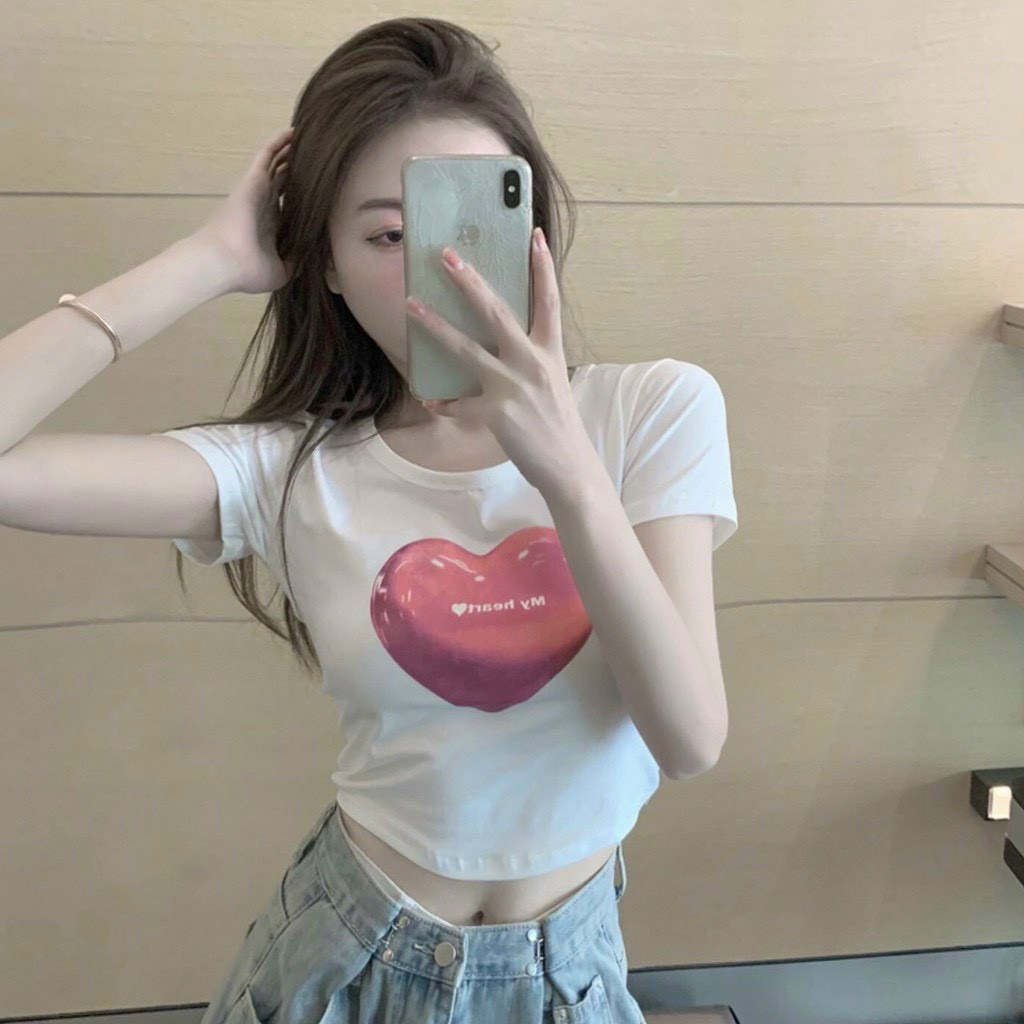 áo croptop in tim to hồng chất thun lụa na