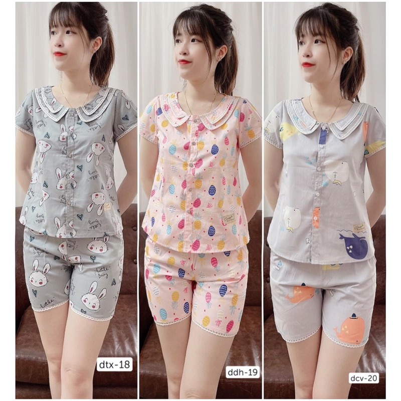 Bộ đùi mặc nhà, chất vải thô kate hàn, áo cộc quần đùi, cổ 2 lớp, đủ size