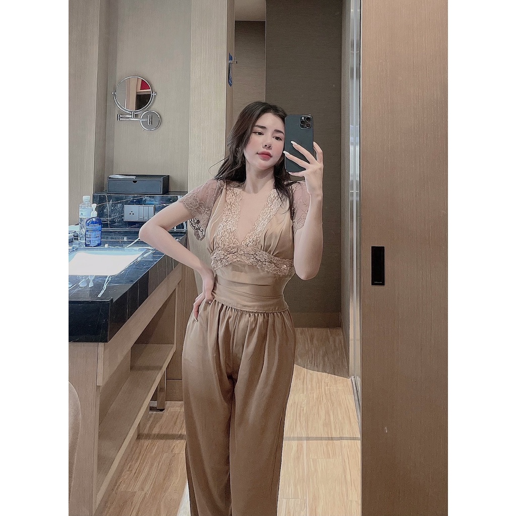 Đồ bộ nữ, đồ ngủ nữ, eo sau được may nhún chun, tôn dáng, chất liệu lụa satin mềm mịn