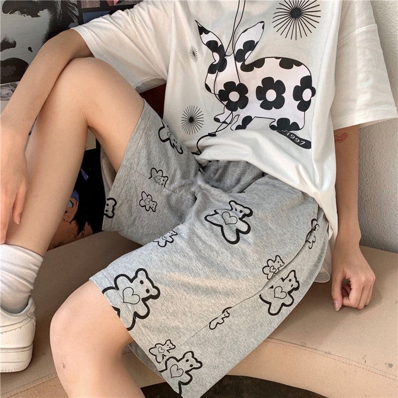 Quần short đùi unisex mặc nhà, quần sooc nam nữ cạp chun in hình gấu QS53