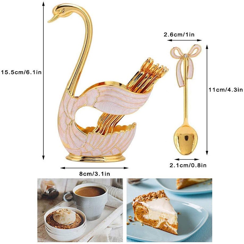 Bộ 6 Muỗng Cà Phê Bằng Hợp Kim Kẽm Hình Thiên Nga Kèm Giá Đỡ