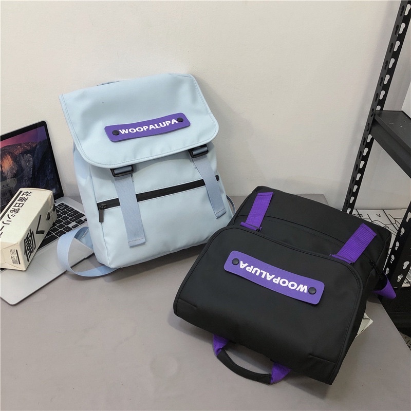 Balo Woo Unisex Quai Cài Khuy Hai Bên Chống Nước Dày Dặn, Balo Đi Học Nam Nữ Tag Da Cá Tính