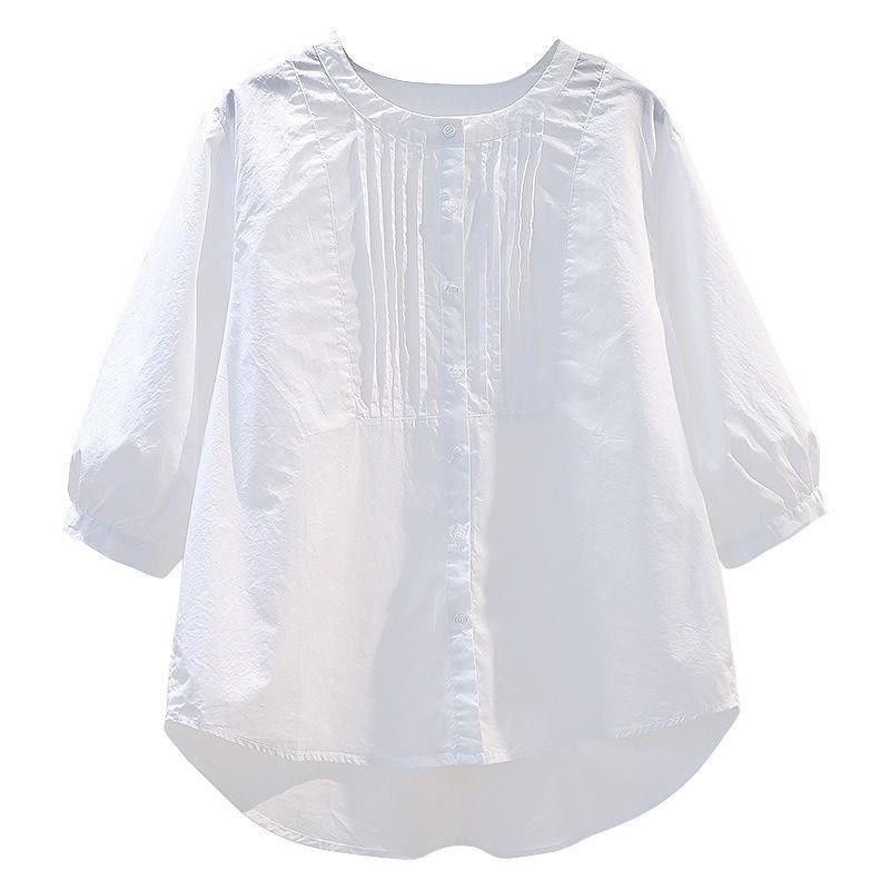 Áo Sơ Mi chiffon Cổ Tròn Xếp Ly Ba Phần Tư Màu Trắng Thời Trang Mùa Hè Hàng Mới Dành Cho Bạn Nữ s 2022