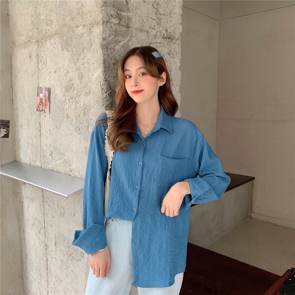 SUXI Áo Sơ Mi Tay Dài Dáng Rộng Màu Sắc Đơn Giản Dễ Phối Đồ