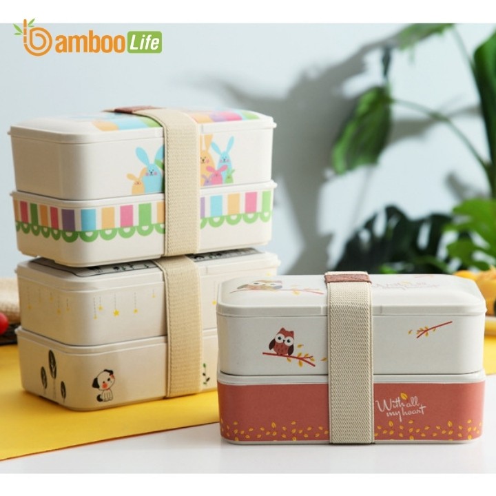 Hộp cơm 2 tầng kèm đũa làm từ sợi tre hiệu Bamboo Life BL174 phong cách Nhật, an toàn, tiện dụng, dễ dàng mang đi học