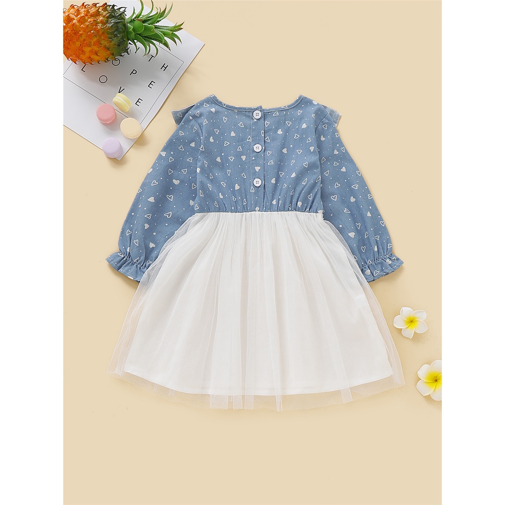 Đầm công chúa MIKRDOO tay dài họa tiết trái tim viền diềm xếp thời trang cho bé gái 1-5 tuổi