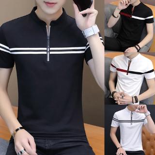 Áo thun cotton tay ngắn cổ đứng phối khóa kéo họa tiết kẻ sọc dáng ôm thời trang cho nam giới