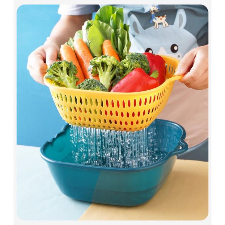 Set 3 Rổ Rửa Rau Củ, Trái Cây KIÊM CHẬU S6 HAI LỚP - Rổ Để Thực Phẩm Ăn Lẩu Khô Ráo Có Lỗ Treo - Nhiều Size