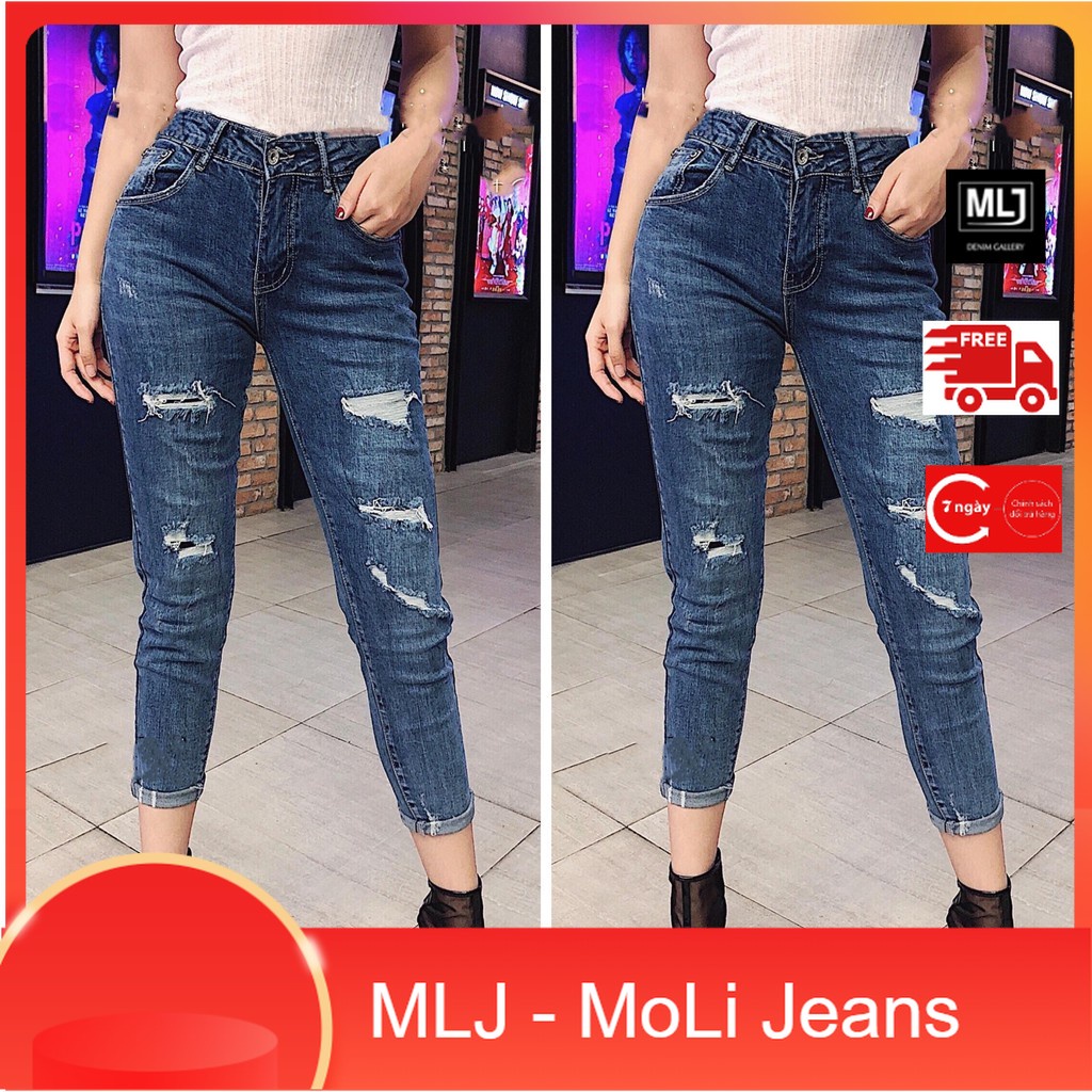 Quần jean dài BIG SIZE rách vá LƯNG CAO big size co dãn mạnh màu xanh đậm 3057