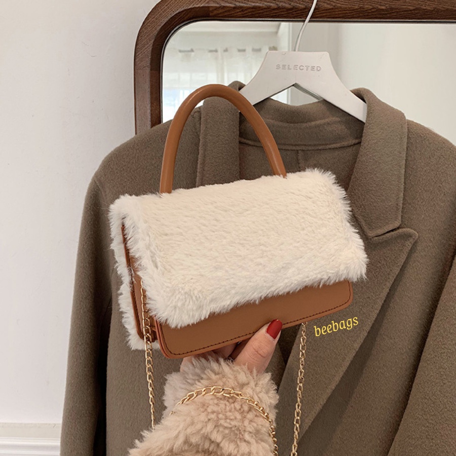Túi Da Phối Lông Nữ Cầm Tay Dây Xích Sang Chảnh Phù Hợp Mọi Outfit | LC08 | Túi Nâu Kết Hợp Lông Sang Trọng Đi Chơi