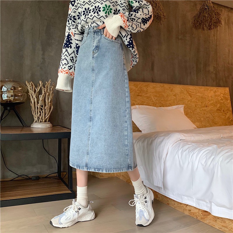 Chân váy jean dài KABICO cạp cao dáng dài qua gối, chân váy bò kaki dài phong cách ulzzang A7
