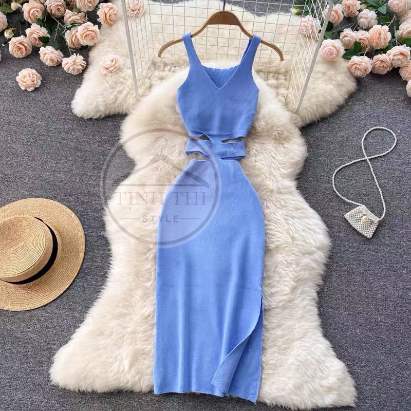 Đầm body khoét eo chất len dệt kim, đầm thiết kế dệt kim dây