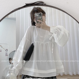 Áo voan babydoll tay bồng thắt nơ
