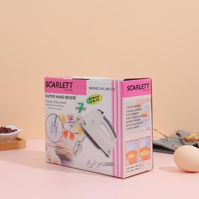 Máy đánh trứng cầm tay chính hãng SCARLETT 7 cấp độ công suất 260W - Thép bền bỉ, Tặng kèm kẹp thức ăn inox tiện lợi