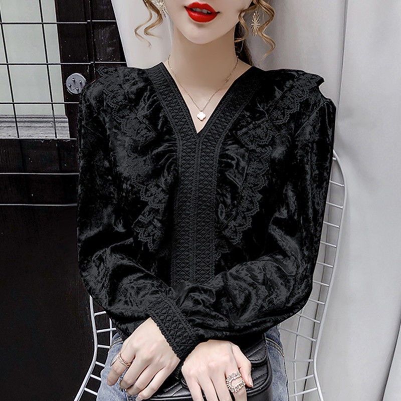 Áo nhung phối ren cổ chữ V phong cách retro Hàn Quốc thoải mái thời trang thu đông cho nữ 2021