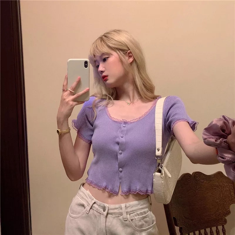 Cocory vn Áo Croptop Dệt Kim Tay Ngắn Phối Ren Phong Cách Hàn Quốc 5 Màu Tùy Chọn