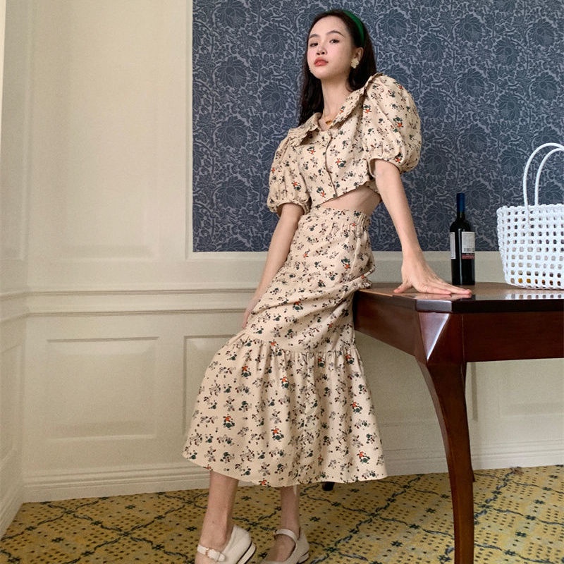 Set áo tay bong bóng kèm chân váy dáng chữ A thời trang phong cách Hàn Quốc xinh xắn