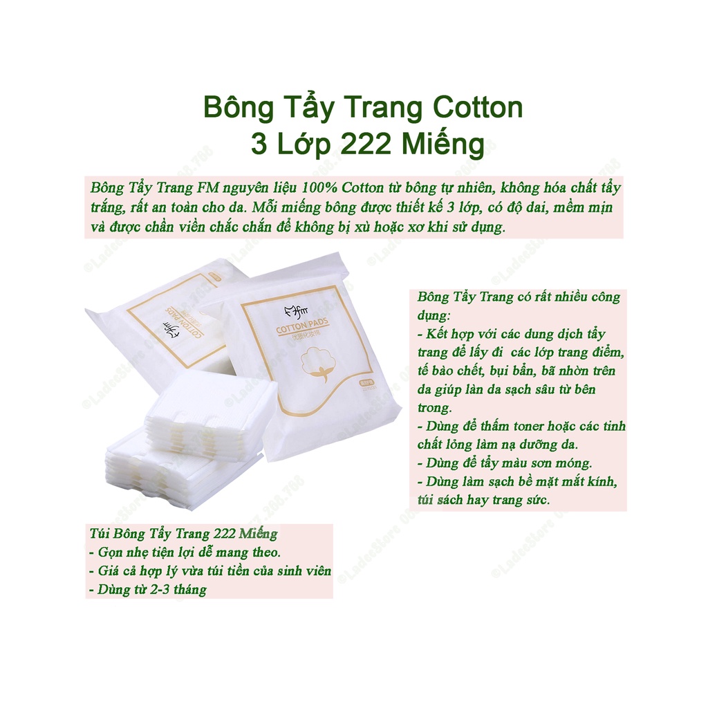 Bông Tẩy Trang 222 Miếng, Bông Trang Điểm 3 Lớp, Cotton Pads, Tẩy Trang Sạch Da