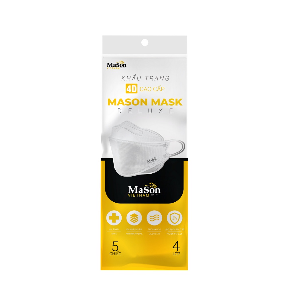 [HB Gift] Khẩu Trang 4D Mason Mask Cao Cấp Lọc Bụi Mịn, Kháng Khuẩn 4 Lớp - Gói 5 Chiếc