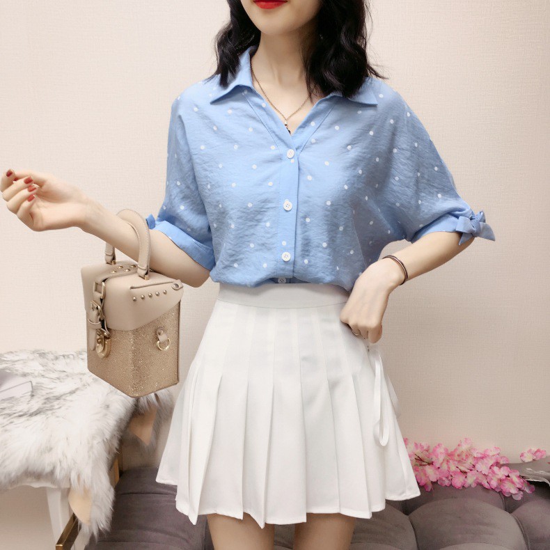 Sơ mi nữ tay lỡ (màu xanh chấm bi)