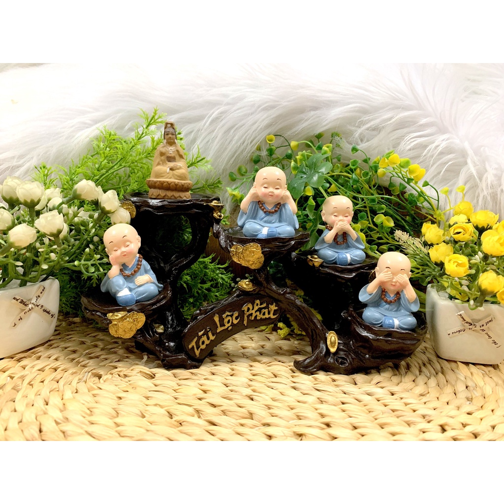 Full Set Quan Âm Bồ Tát và các Chú Tiểu tọa đế Tài Lộc Phát (Hình Thật)